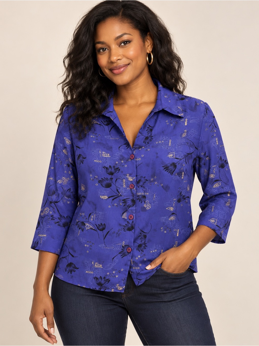 JM Collection Royal Purple Floral Button-Down Vintage Blouse